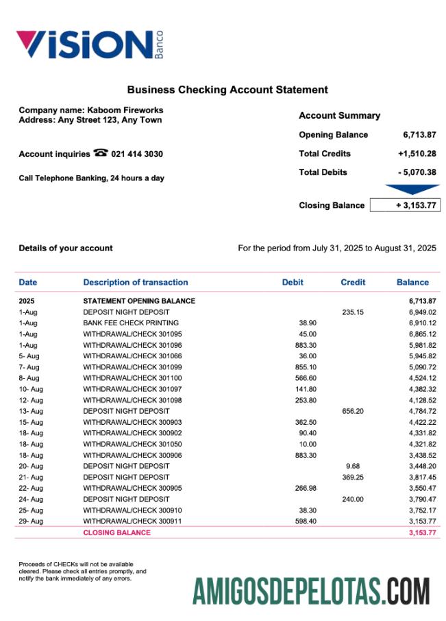 Imprimível Paraguai Vision Banco Enterprise Statement Modelo Word e PDF